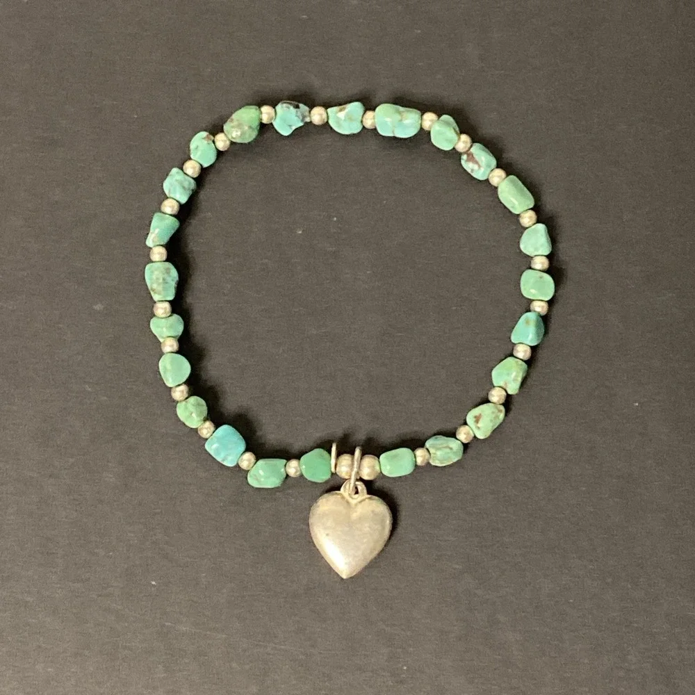 Vtg Turquoise & Sterling Silver Bead Stretch Bracelet W/ 925 Italy Heart Charm